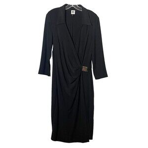 Anne Klein Faux Wrap Dress Womens Size 14 Black Gold Tone Buckle 76DMIAN739